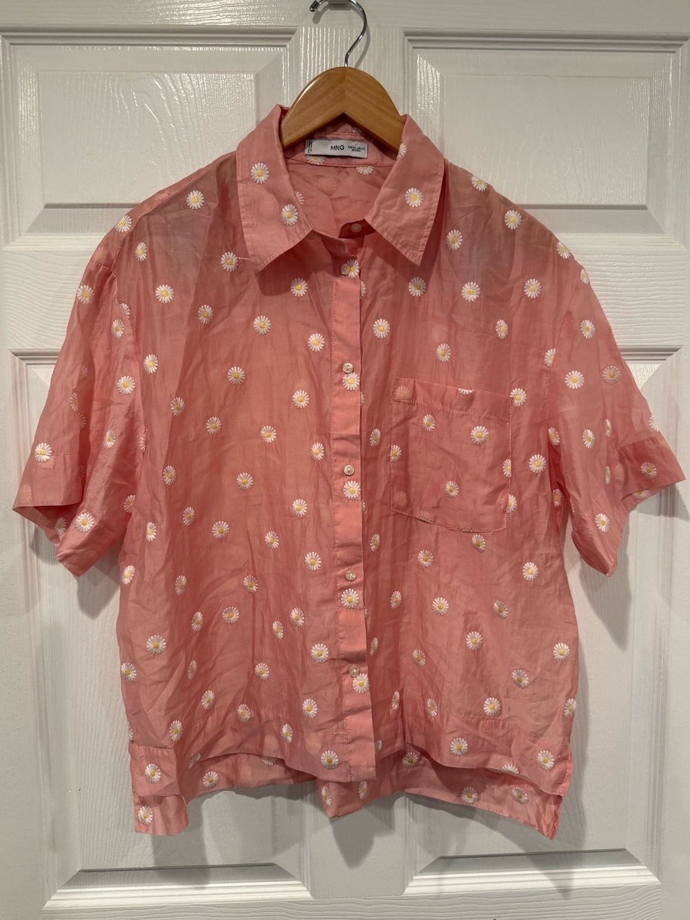 Mango Coral Pink Daisy-Print Short Sleeve Button-Up Blouse P11